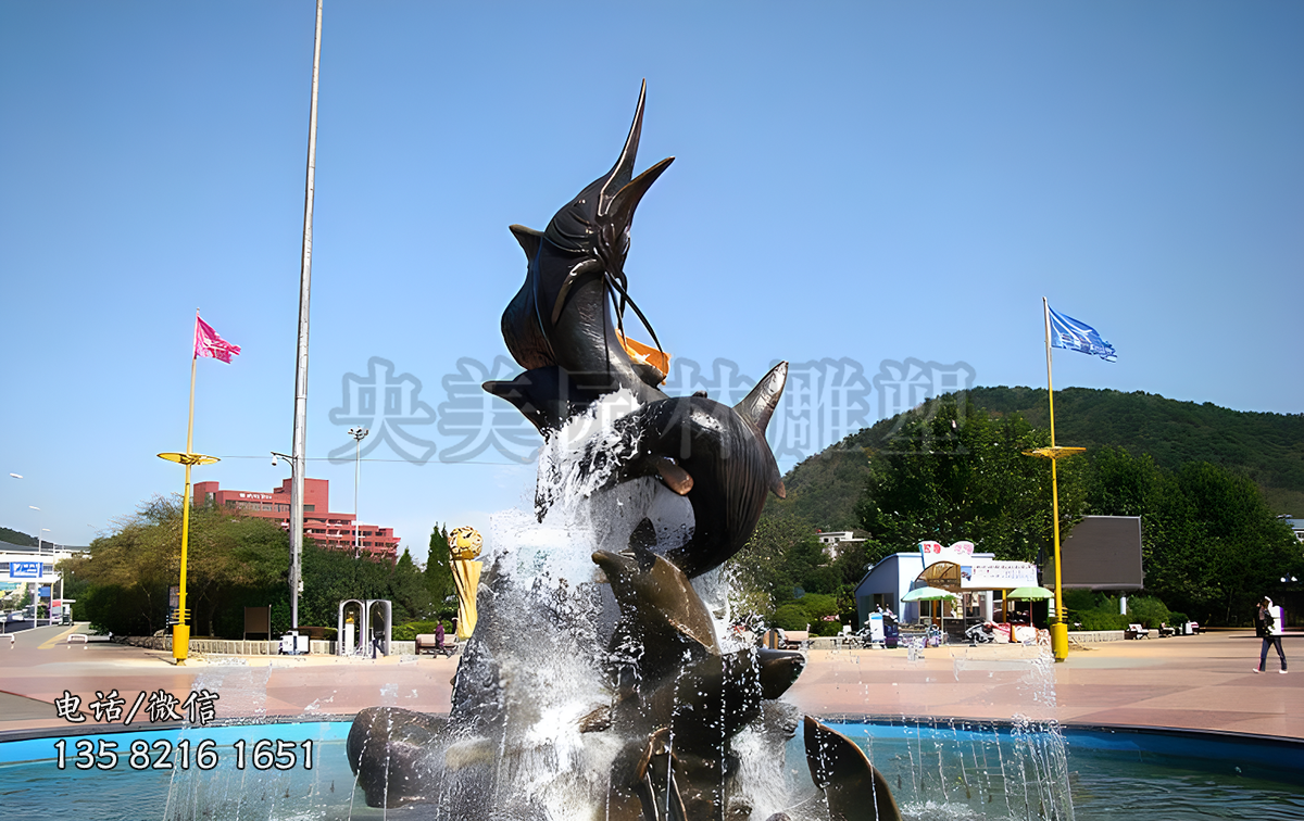 噴泉裝飾動(dòng)物，沖浪魚躍海豚雕塑