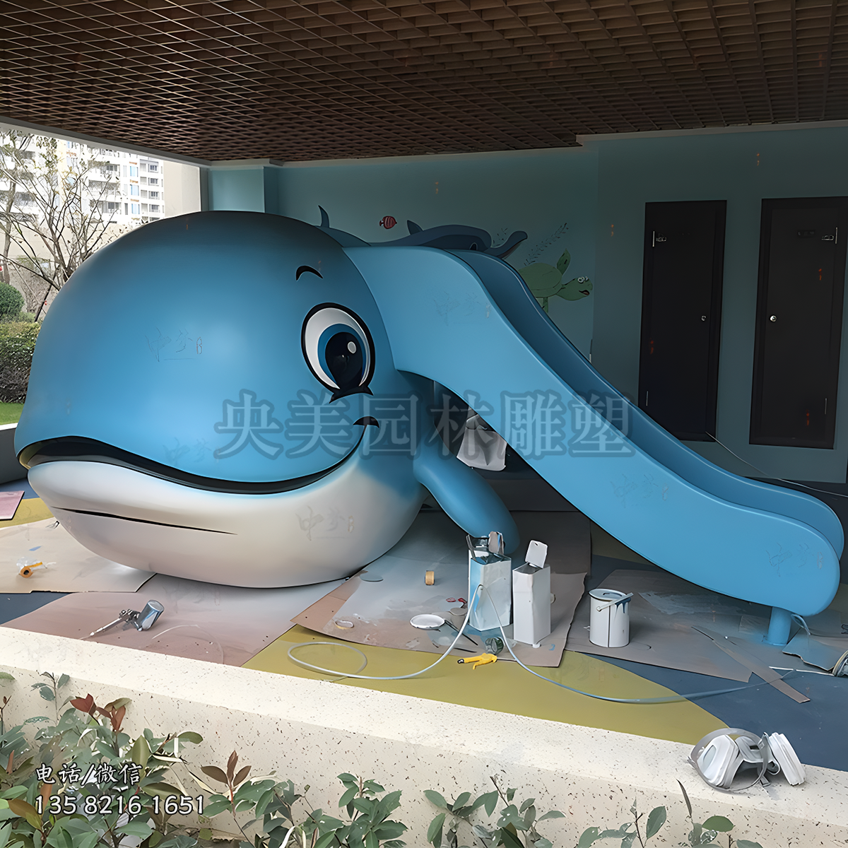卡通可愛鯨魚滑梯雕塑