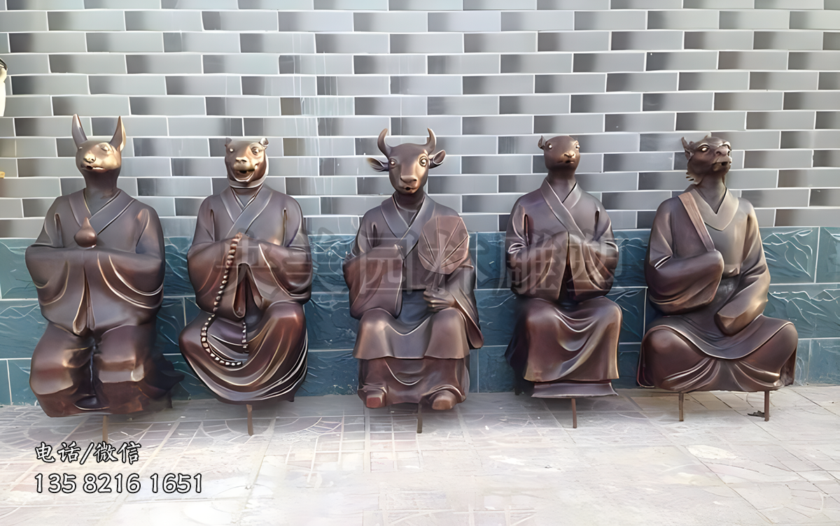 純銅鑄造十二生肖獸首人身銅雕