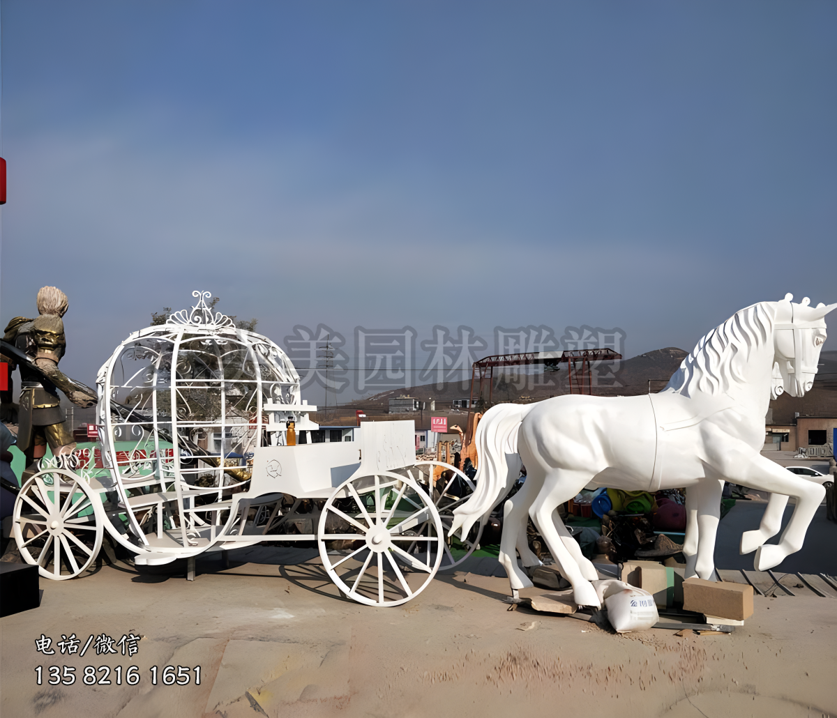 玻璃鋼馬鐵藝馬車雕塑
