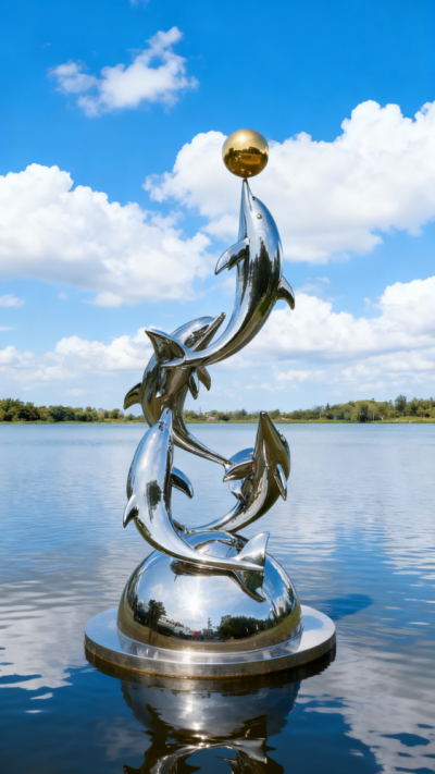 鏡面不銹鋼海豚雕塑 (3)