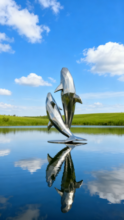 鏡面不銹鋼海豚雕塑 (4)