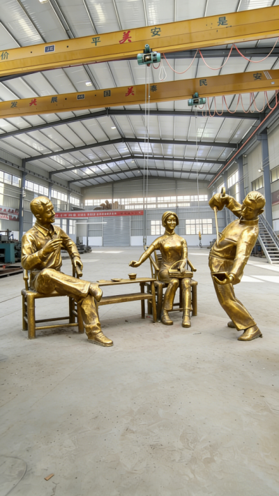 純銅鑄造喝茶人物情景雕塑